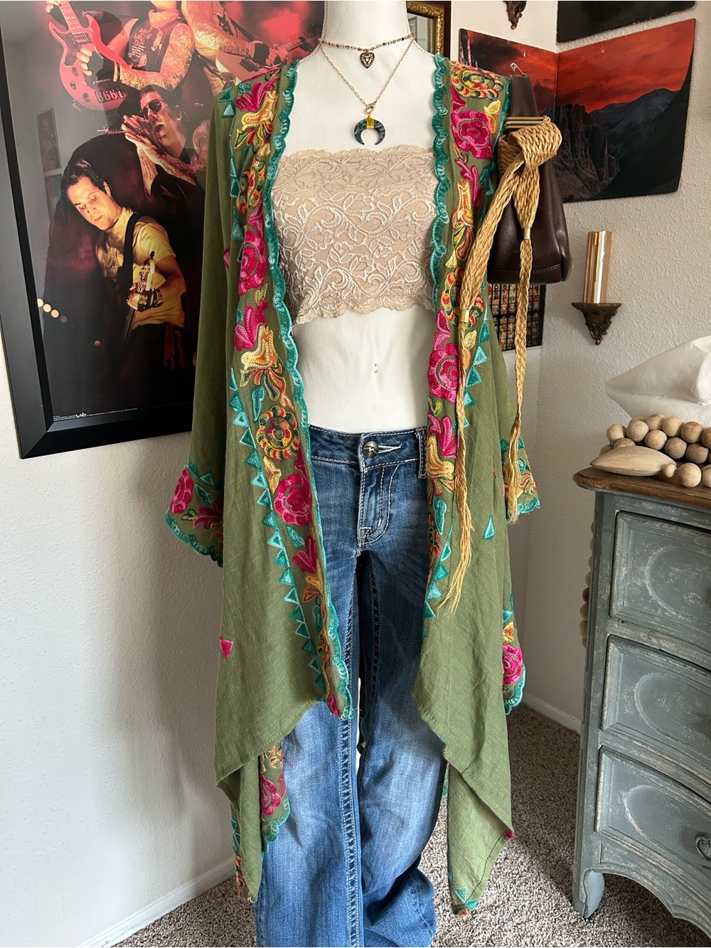 Bohemian Green Floral Kimono Womens One Size Embroidered  Asymmetrical Festival